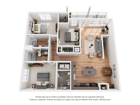 a stylized floor plan with a bedroom and living room